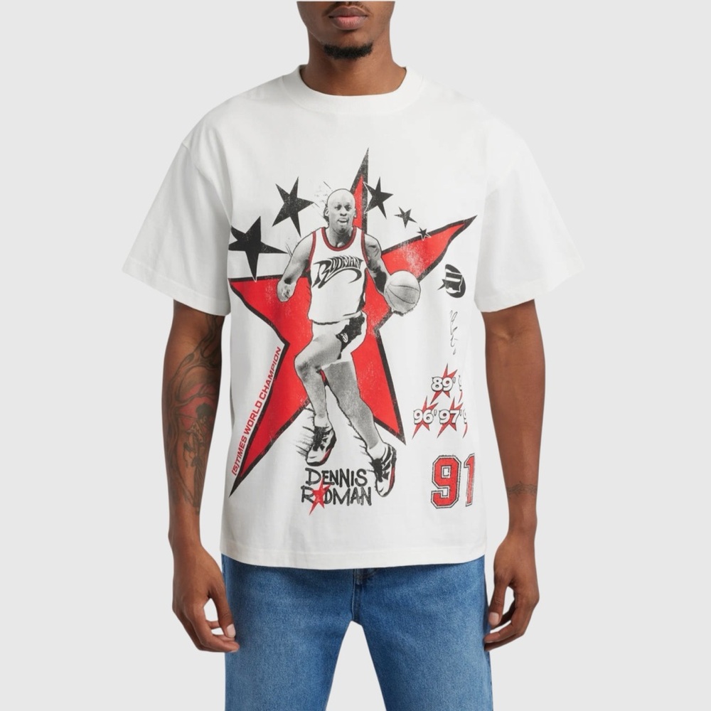 Rodman Apparel ID Supply Co White Five Time Champs Graphic T-Shirt, Small